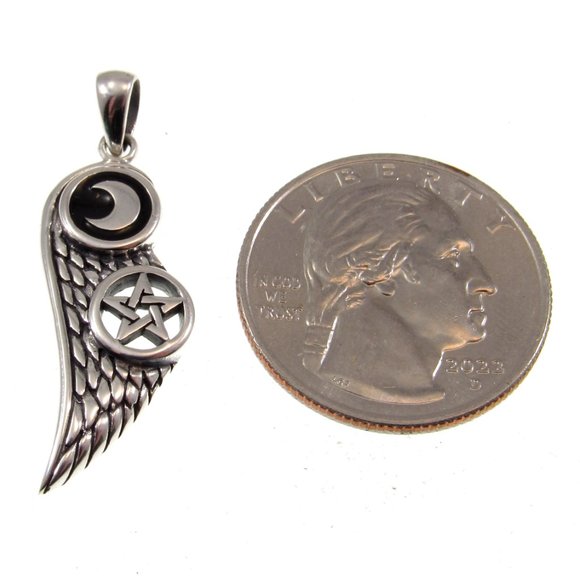 Solid 925 Sterling Silver Angel Wing with Crescent Moon & Pentacle Star Pendant - Picture 2 of 5
